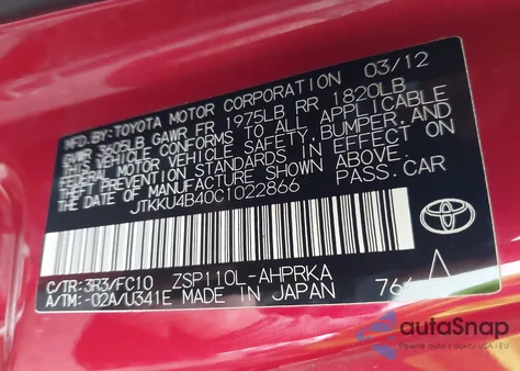 2012 Scion Xd from USA, damaged, VIN JTKKU4B40C1022866